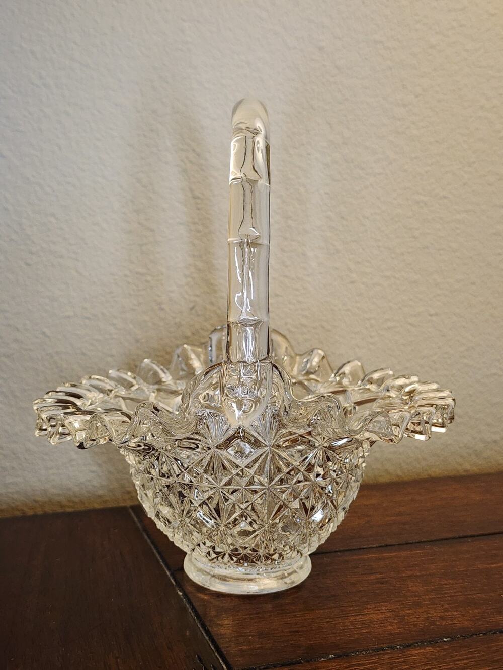 Vintage Antique Fenton Clear Art Glass Basket Diamond Fan Pattern Decorative